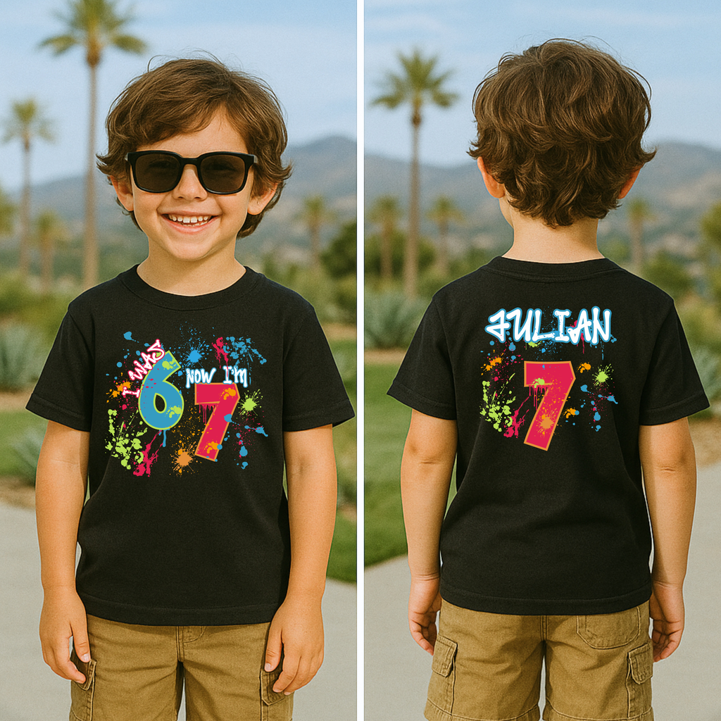 I Was 6 Now I'm 7 Birthday Shirt | Funny 7th Birthday Paint Splatter T-Shirt