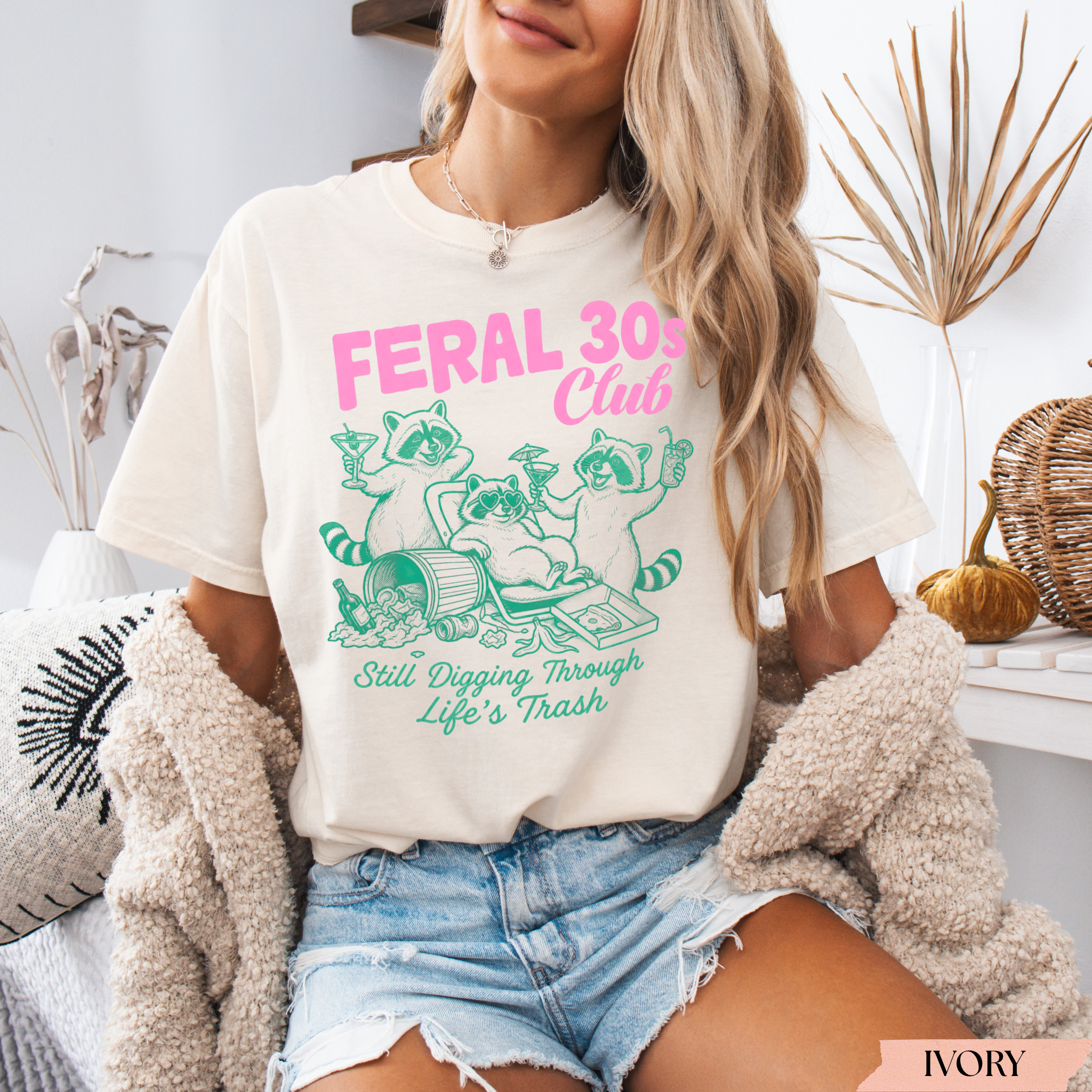 Feral 30s Club Shirt | Funny 30th Birthday Raccoon T-Shirt | Pink & Green Retro Birthday T-Shirt