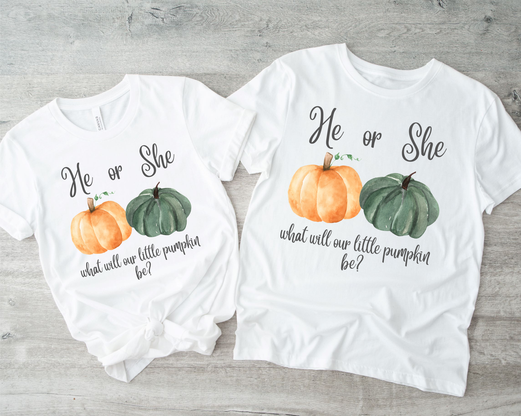 He or She? What Will Our Little Pumpkin Be? Gender Reveal Shirt | Fall Pumpkin Baby Reveal Tee