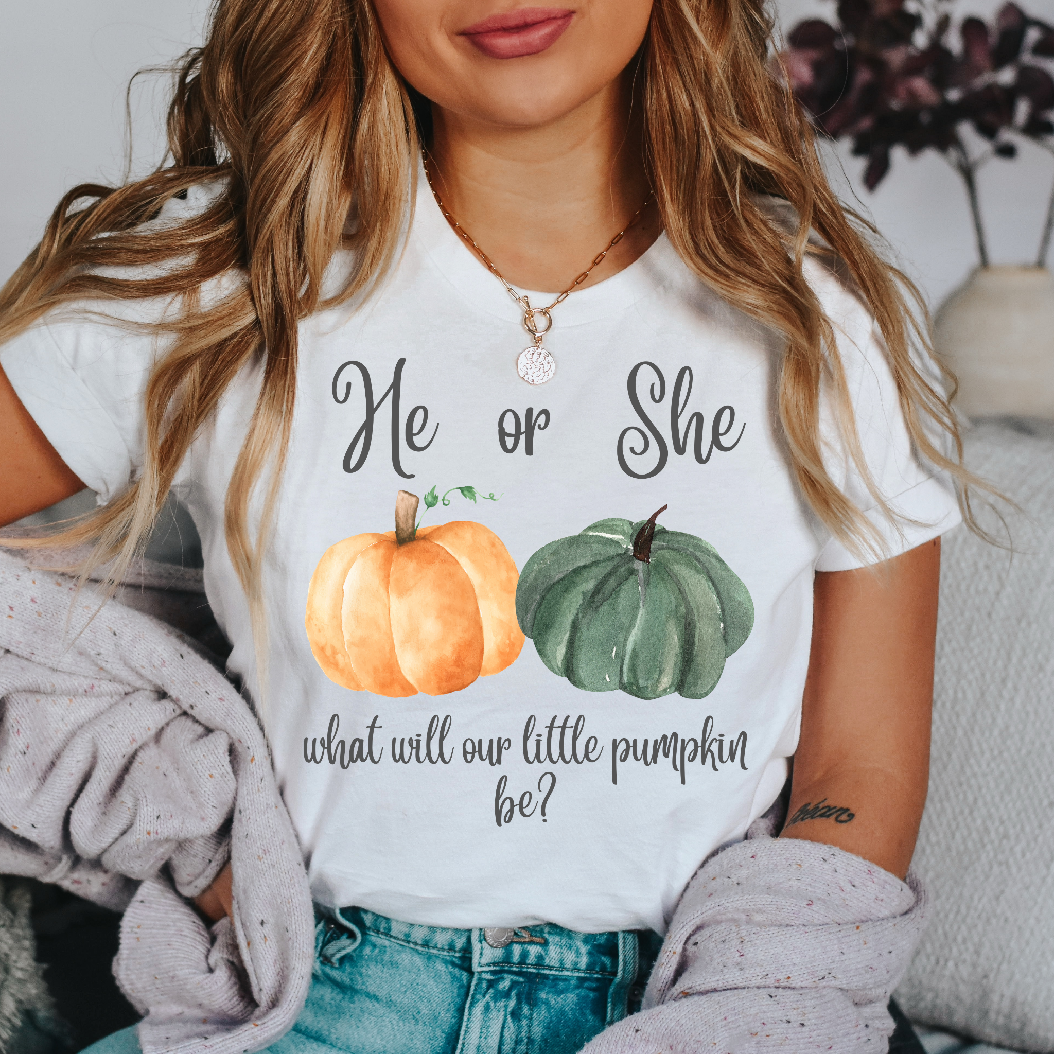 He or She? What Will Our Little Pumpkin Be? Gender Reveal Shirt | Fall Pumpkin Baby Reveal Tee