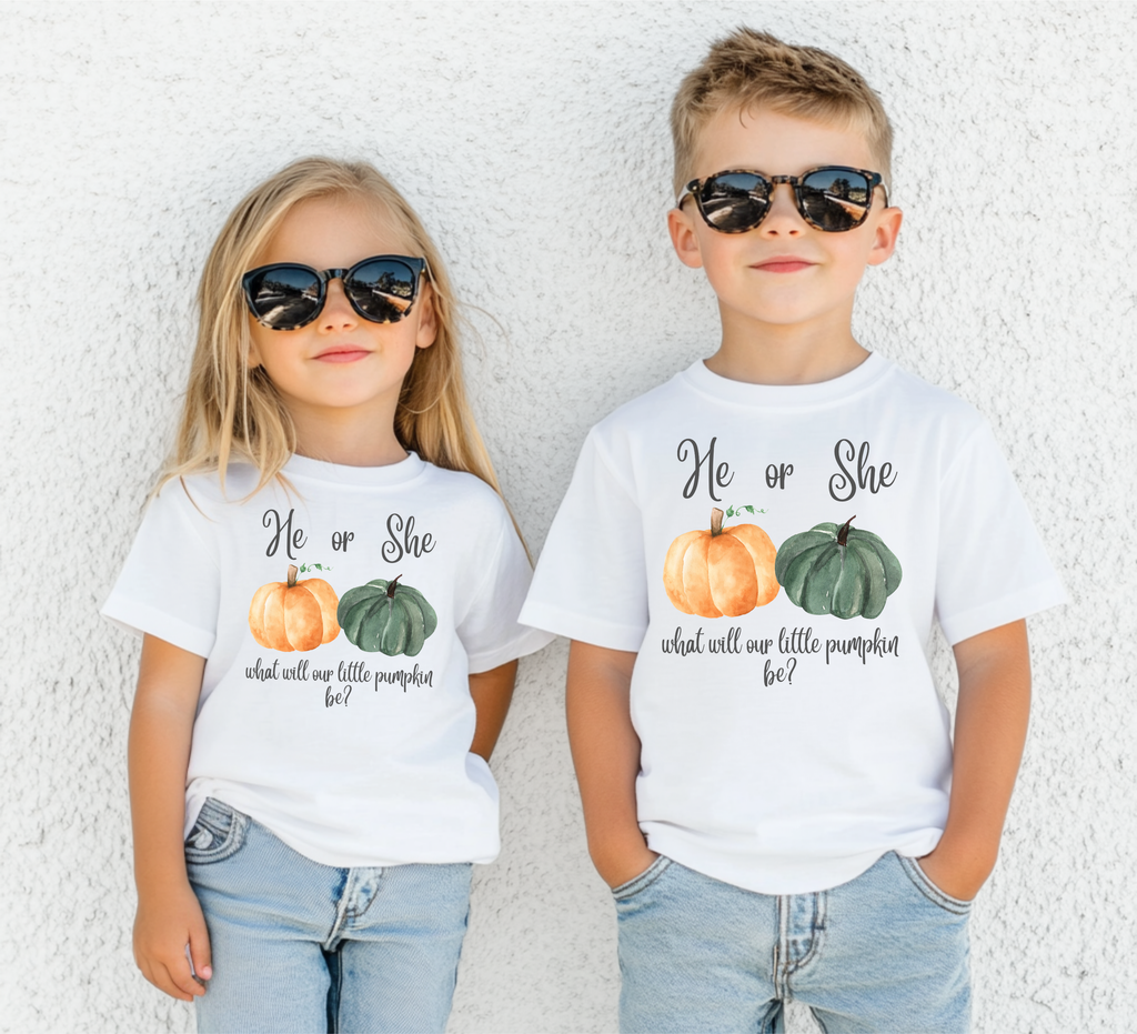 He or She? What Will Our Little Pumpkin Be? Gender Reveal Shirt | Fall Pumpkin Baby Reveal Tee