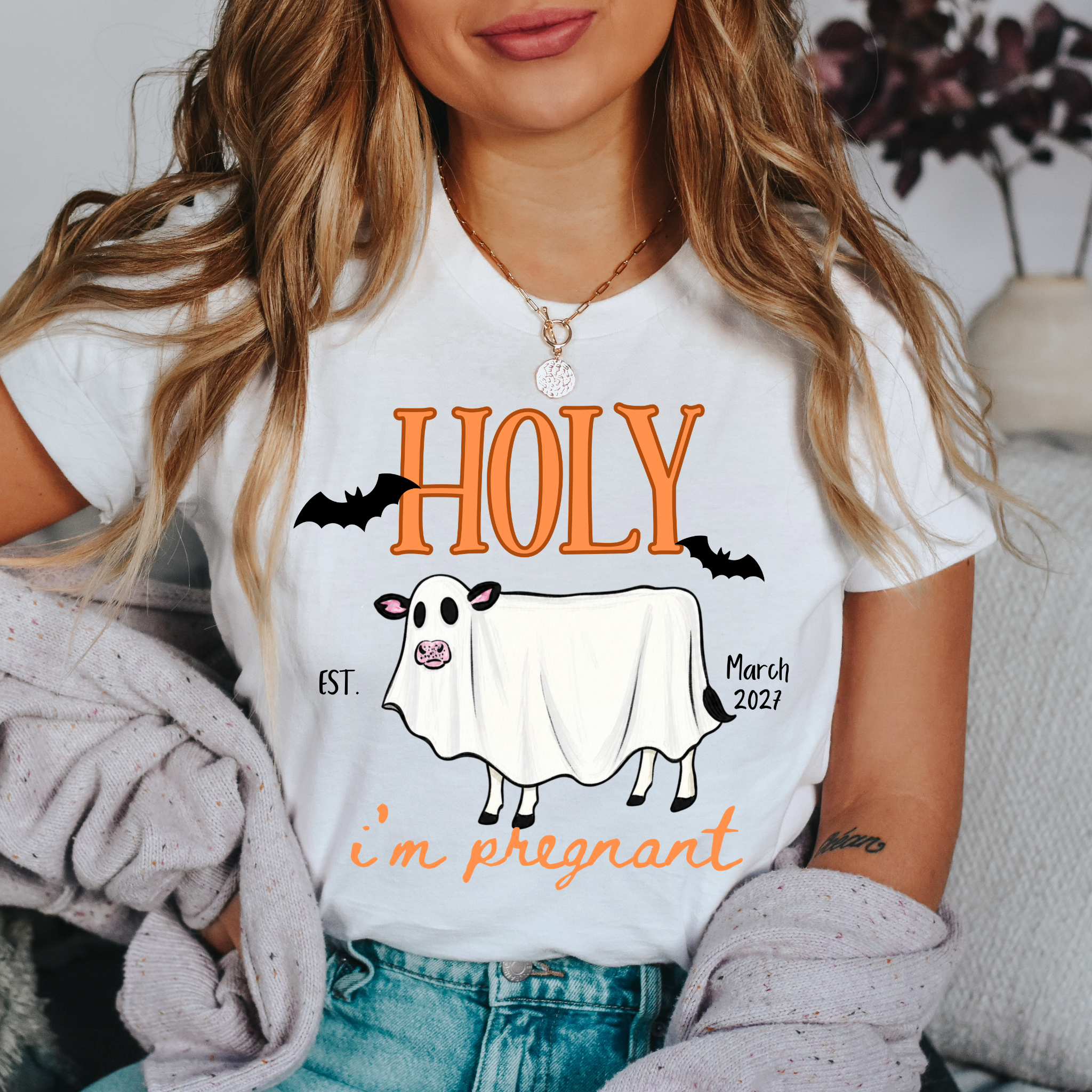 Holy Cow I'm Pregnant Shirt | Personalized Halloween Pregnancy Announcement T-Shirt