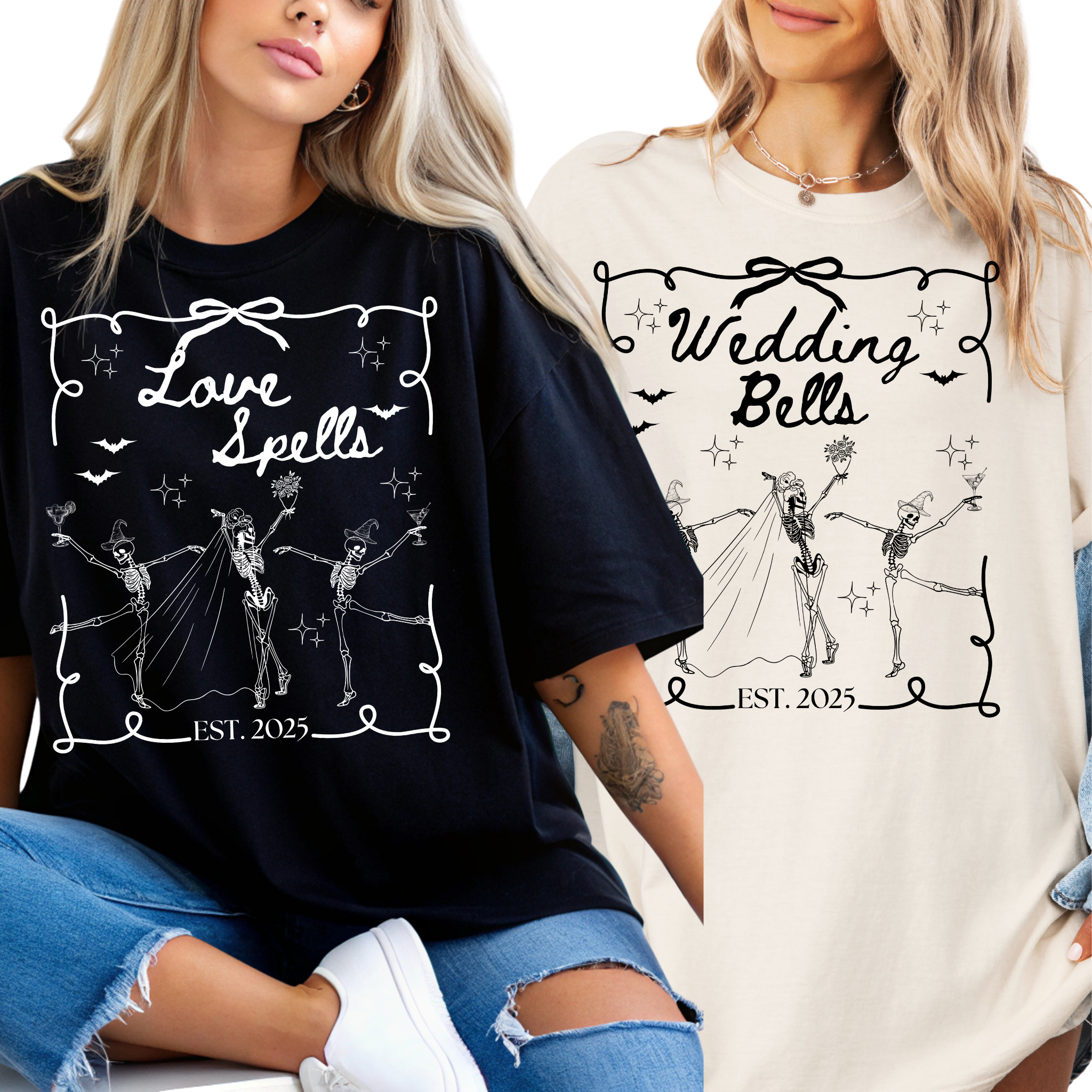 Love Spells & Wedding Bells Halloween Bachelorette Shirt | Skeleton Bridal Party Tee