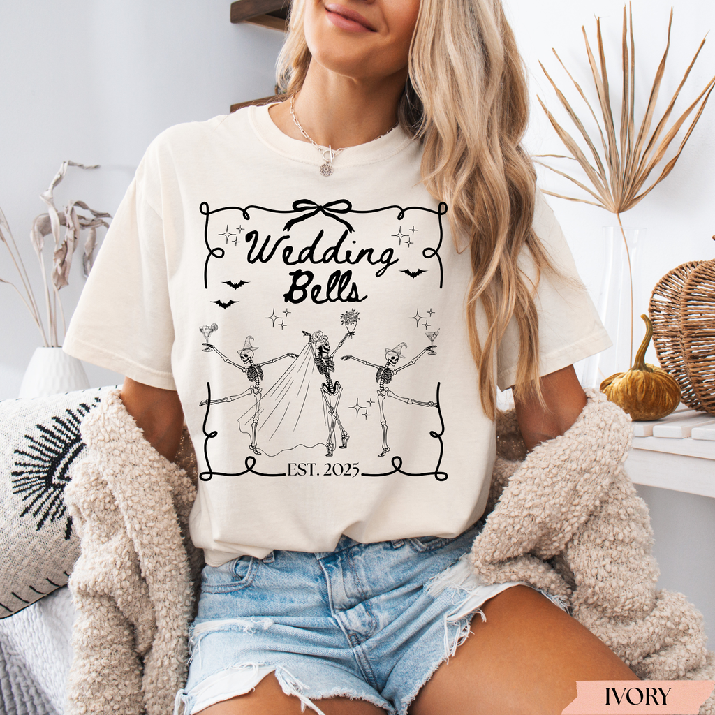 Love Spells & Wedding Bells Halloween Bachelorette Shirt | Skeleton Bridal Party Tee