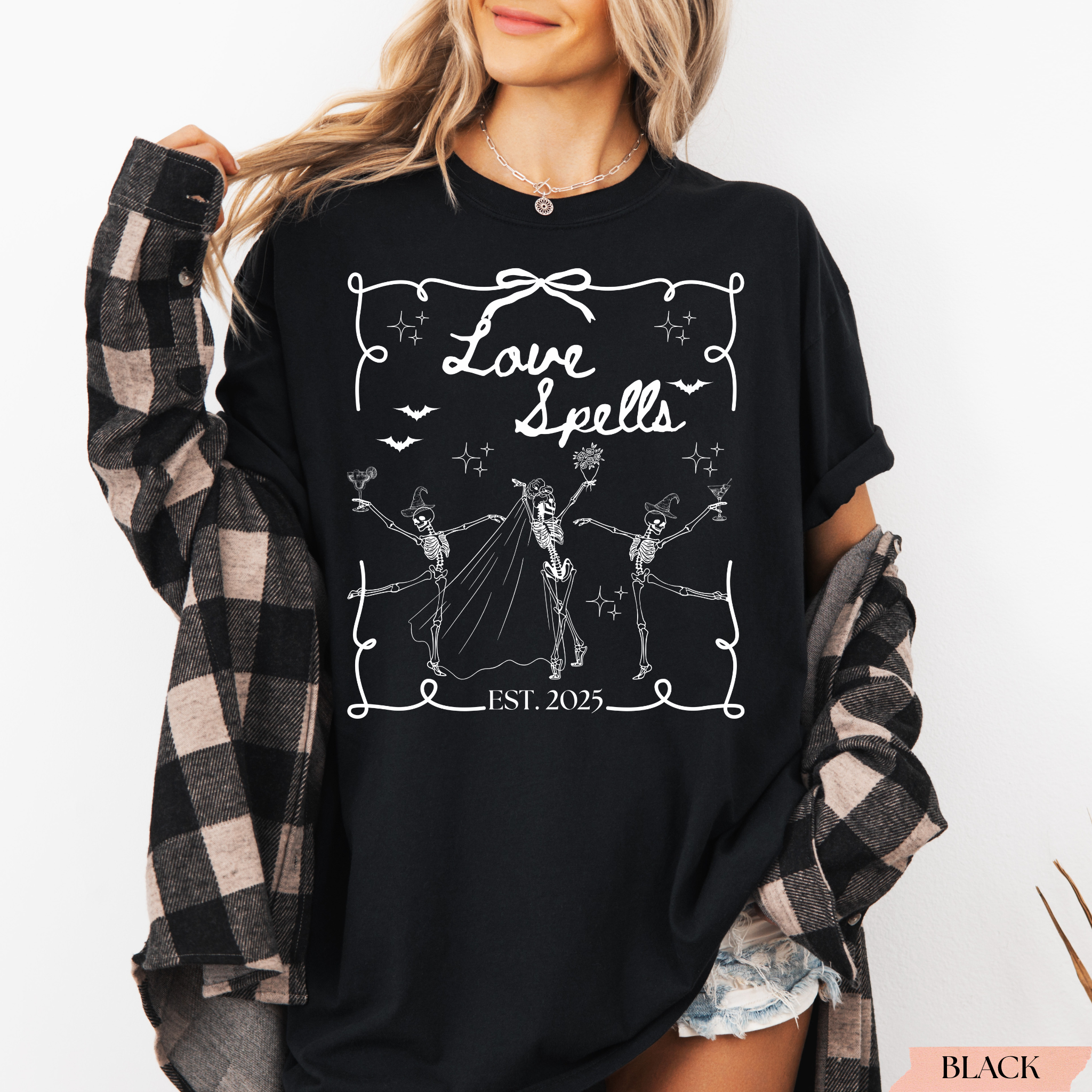 Love Spells & Wedding Bells Halloween Bachelorette Shirt | Skeleton Bridal Party Tee