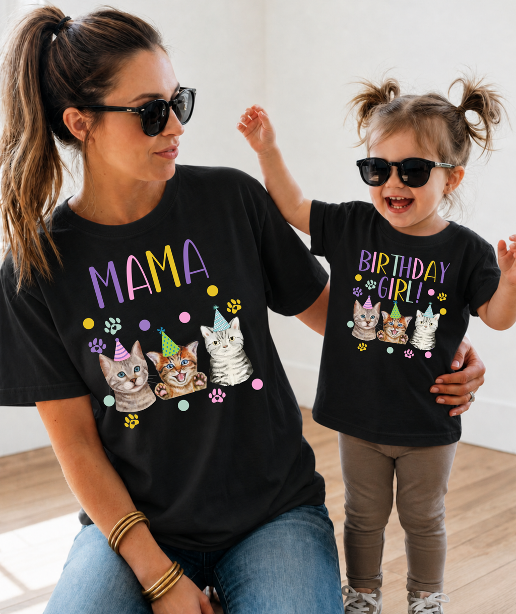 Cat Birthday Girl Shirt | Cute Cat Party Birthday T-Shirt & Matching Family Shirts